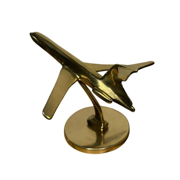 Vintage Brass Boeing 727 Airplane Figurine Mounted on Round Base Home Office - Picture 1 of 5